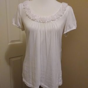 White Loft tee with white floral detail at neck